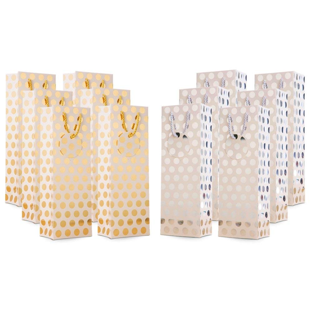 UNIQOOO 12Pcs Premium Quality Gold & Silver Metallic Foil Polka Dots Wine Gift Bag Bulk, w/Gift Massage Tag,100% Recyclable Paper,14"x4.75"x3.5" Wine Carrier Bags Tote Gift Bags, Party Gift Wrapping ( Only Delivery to US)