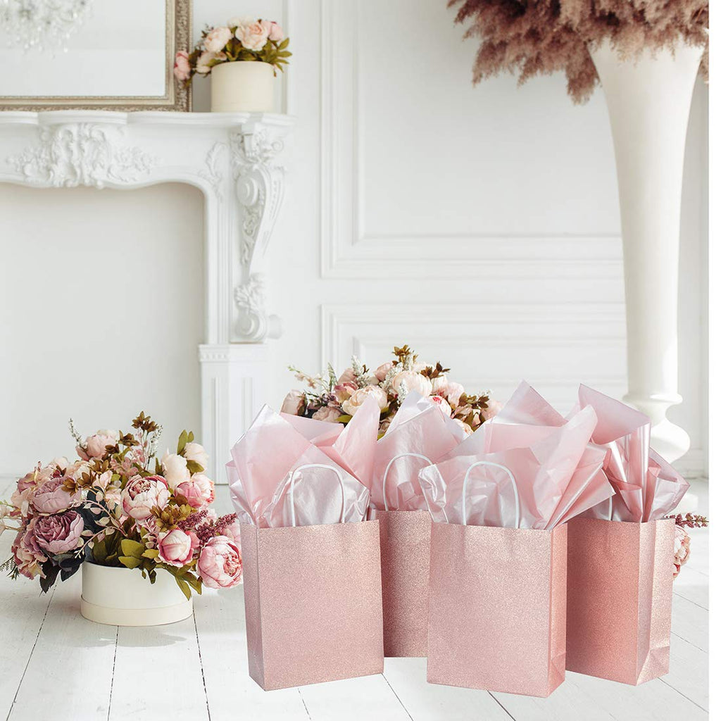 12 Pack 9.5" Sparkly Rose Gold Pink Glitter Kraft Paper Gift Bags (Only Delivery to US)