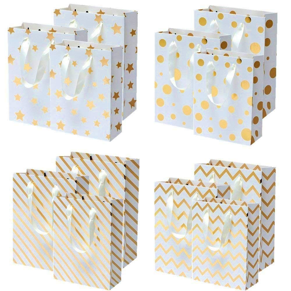 UNIQOOO 12Pcs Premium Gold Metallic Stars Medium Gift Bags Bulk, 9 1/2"x 7X 3 1/4" 100% Recyclable Paper Retail Shopping Bags, Ribbon Handle/Wedding,Baby Shower, Birthday Party,Christmas Gift Bags ( Only Delivery to US)