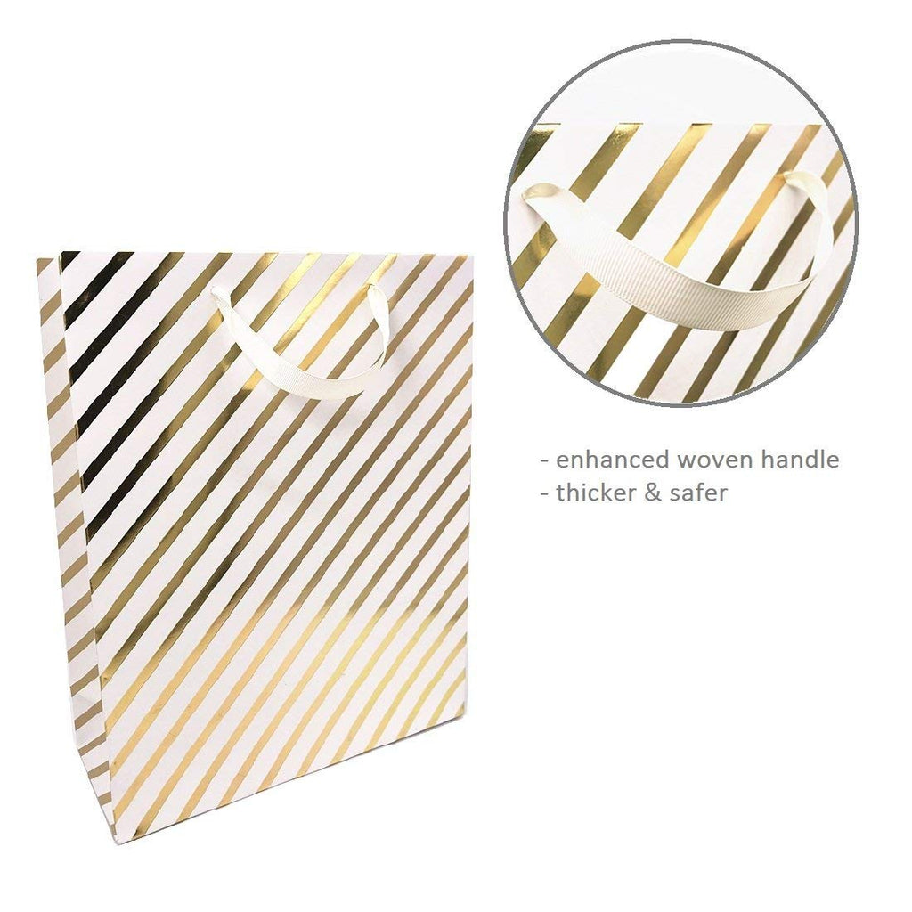 UNIQOOO 12Pcs Premium Assorted Gold Metallic Foil Gift Bags & Tissues, Bag Large 12.5''x10.5x4'', w/10 Pcs Gold Tissue Papers 20''x26'', Gift Wrapping Set,Wedding,Birthday,Party,Christmas,Holiday Gift ( Only Delivery to US)