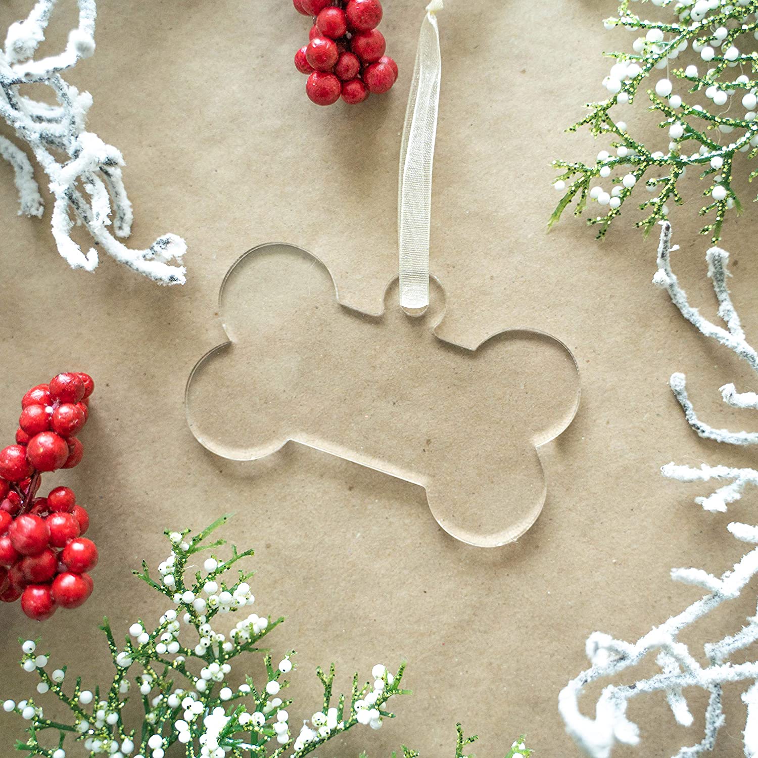 3.5" Clear Acrylic Dog Bone Christmas Ornament, 20 Pack