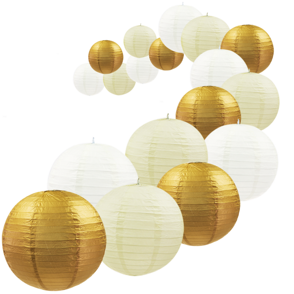 UNIQOOO 18Pcs Premium Assorted Size/Color Gold Paper Lantern Set, Reusable Hanging Decorative Japanese Chinese Paper Lanterns, Easy Assemble, for Birthday Wedding Baby Shower Holiday Party ( Only Delivery to US)