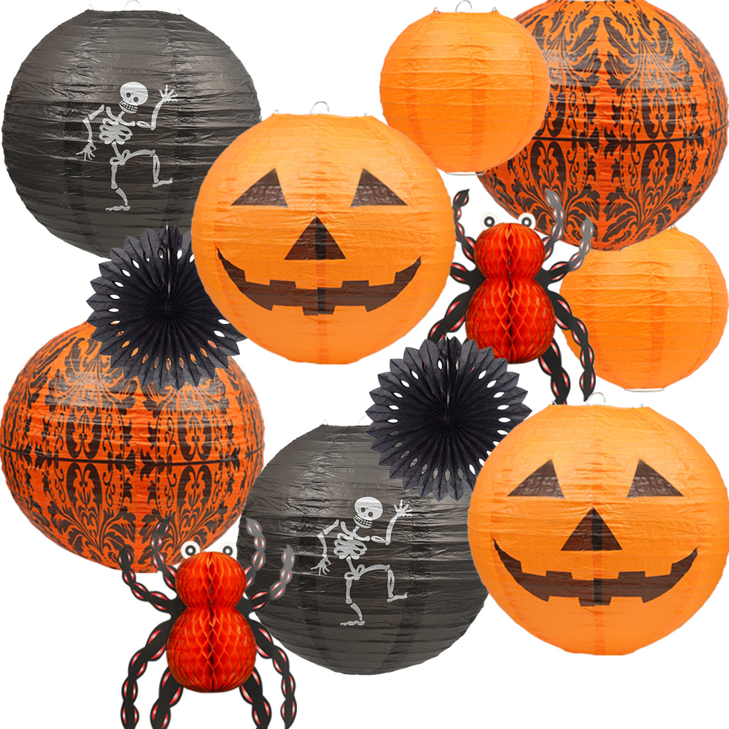 12Pcs Hanging Jack-O'-Lantern Spider Skeleton Pumpkinm Halloween Paper Lanterns