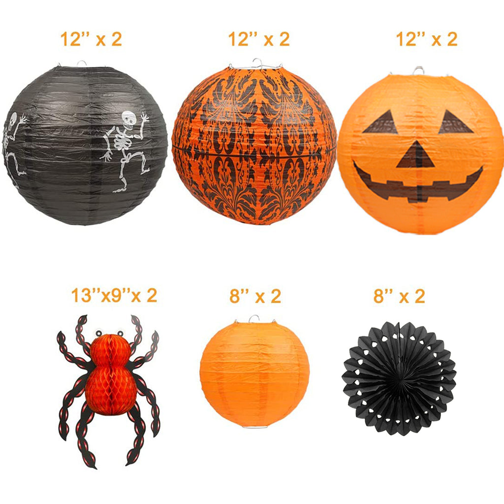 12Pcs Hanging Jack-O'-Lantern Spider Skeleton Pumpkinm Halloween Paper Lanterns