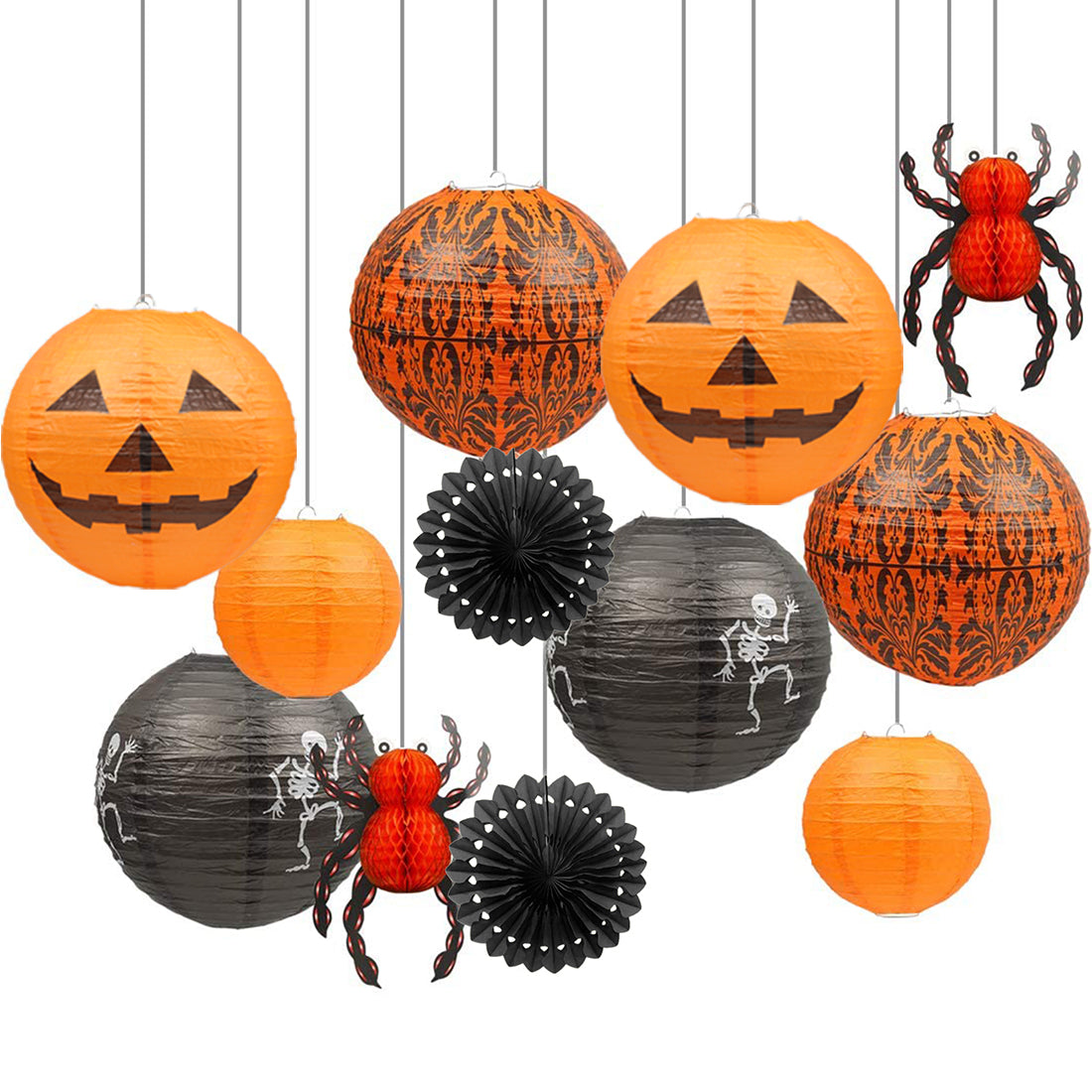 12Pcs Hanging Jack-O'-Lantern Spider Skeleton Pumpkinm Halloween Paper Lanterns