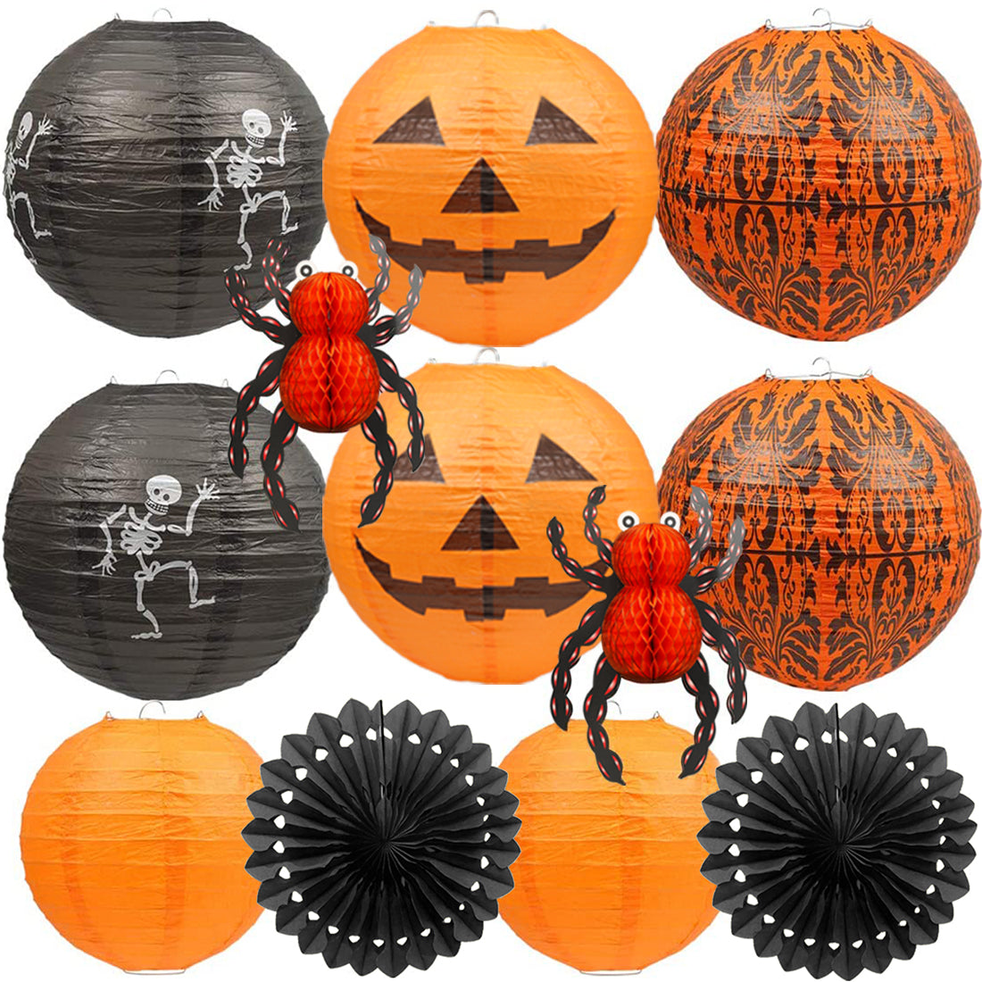 12Pcs Hanging Jack-O'-Lantern Spider Skeleton Pumpkinm Halloween Paper Lanterns