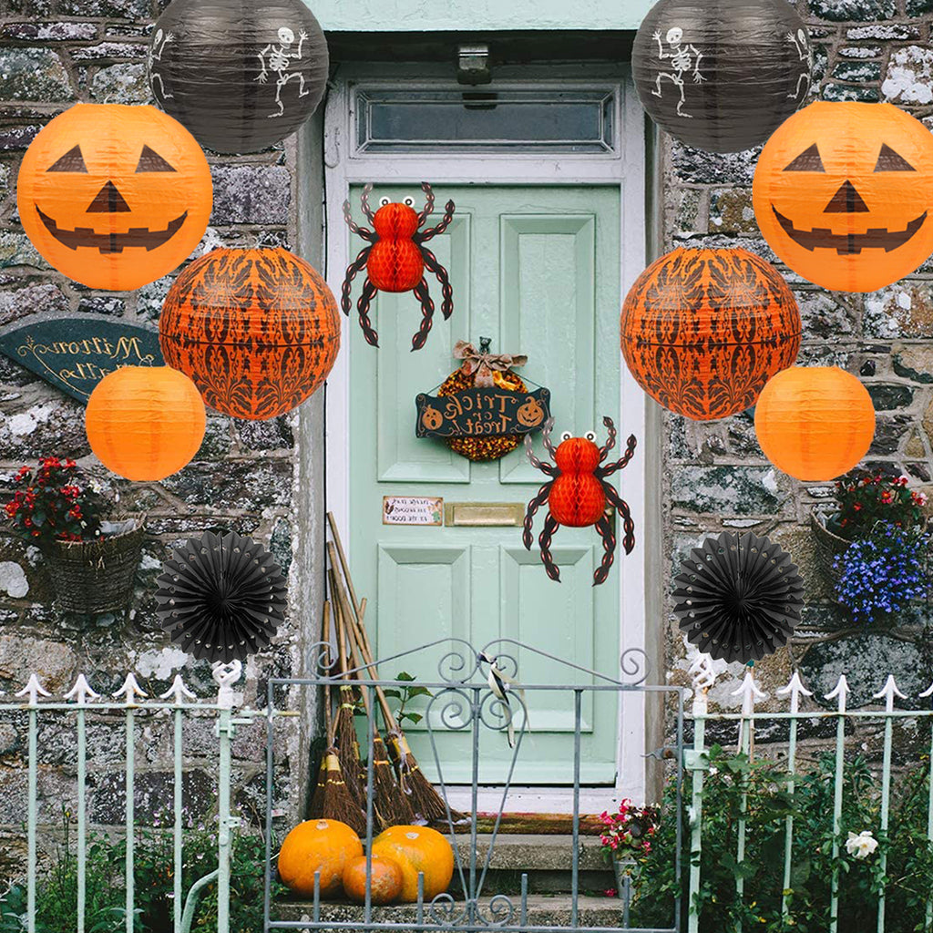 12Pcs Hanging Jack-O'-Lantern Spider Skeleton Pumpkinm Halloween Paper Lanterns