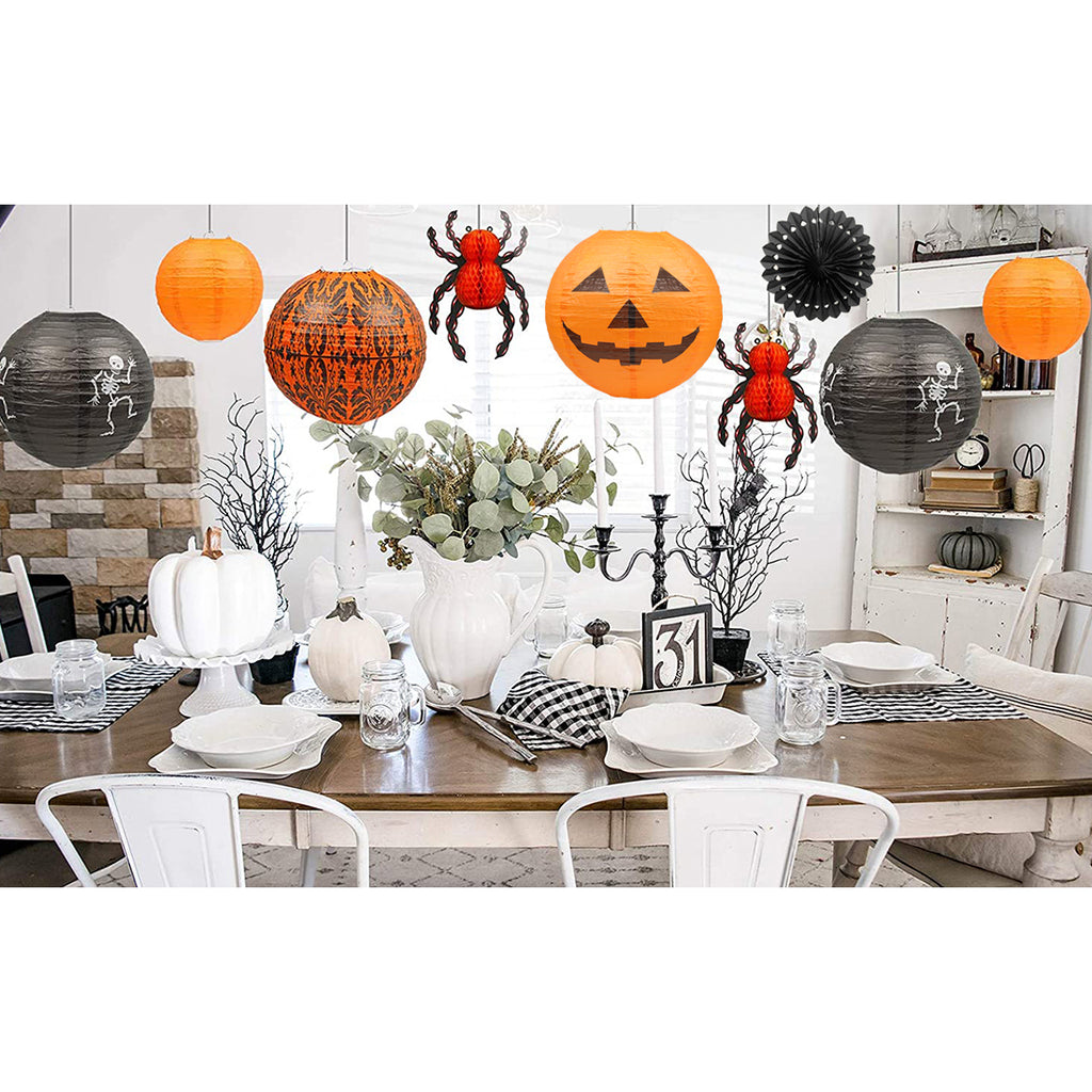 12Pcs Hanging Jack-O'-Lantern Spider Skeleton Pumpkinm Halloween Paper Lanterns