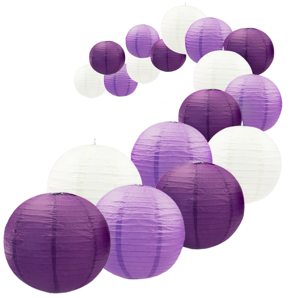 UNIQOOO 18Pcs Premium Assorted Size/Color Purple Paper Lantern Set