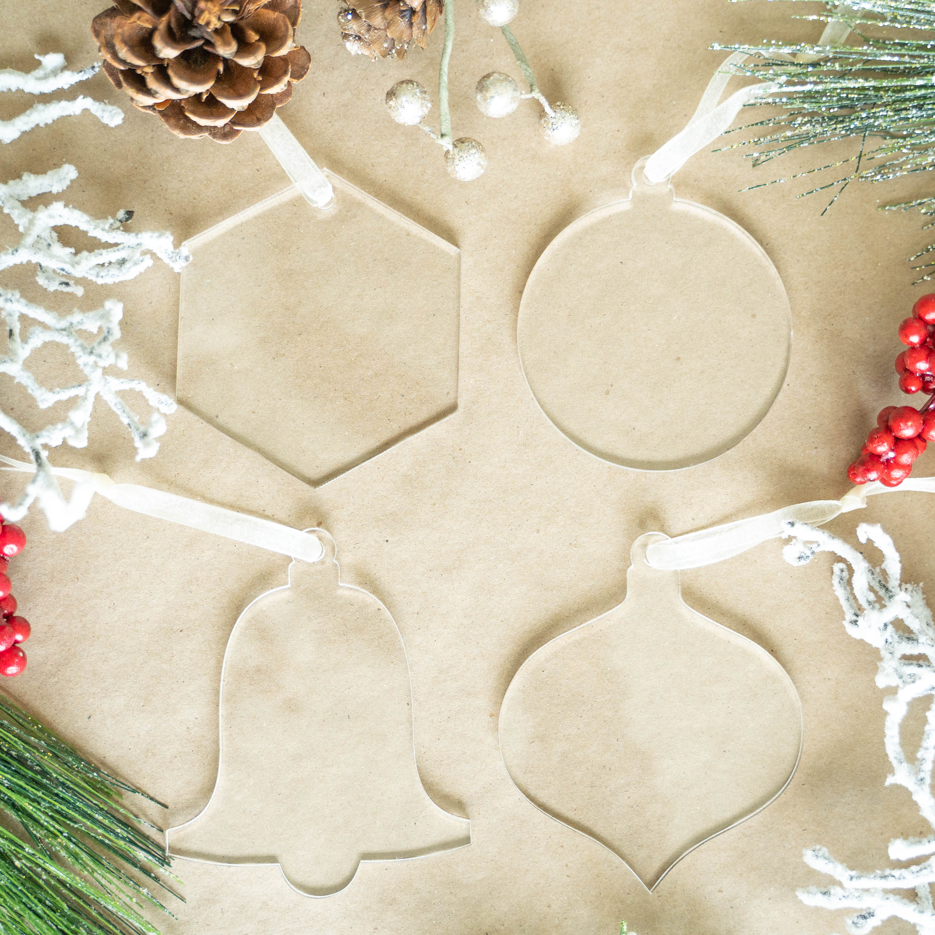 Uniqooo 3" Clear Acrylic Christmas Ornament, 4 Assorted Shape, 4mm Thickness, Wholesale